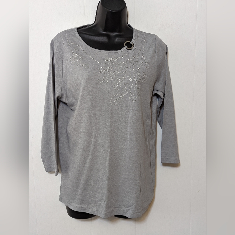 Women's Allison Daley Gray 3/4 Sleeve Shirt Size Petite Medium